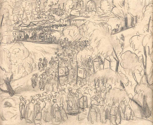 Кустодиев Борис Михайлович. Зима. Крещенское водосвятие (на оборотной стороне карандашный набросок «Улица в провинциальном городе») 